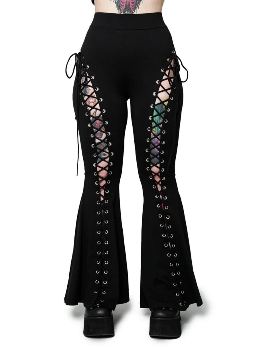 Forest Ink Black Alice Lace Up Flare Pants Size Petite Small Punk Rock Rave